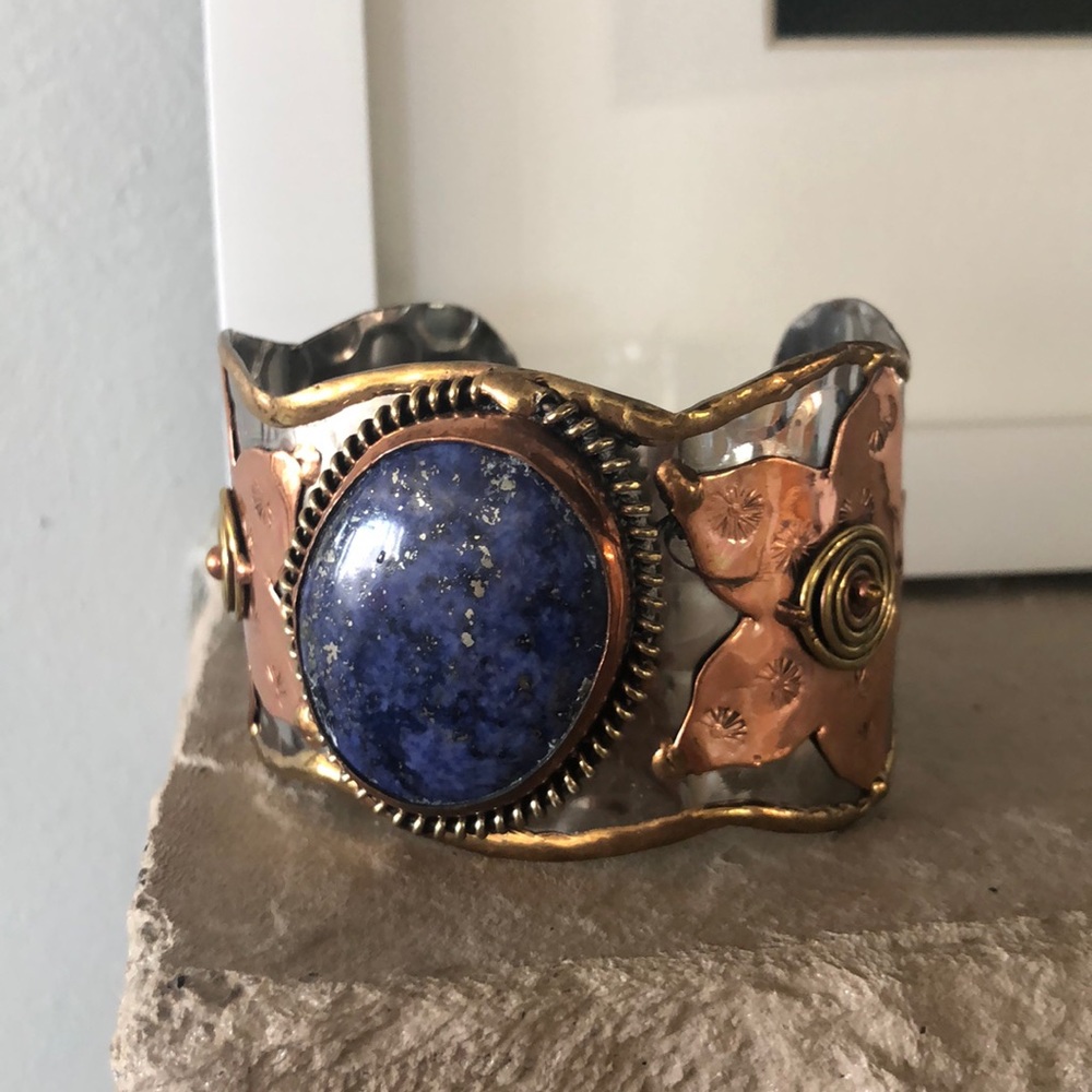 Copper/gold/silver Bracelet with Blue Stone